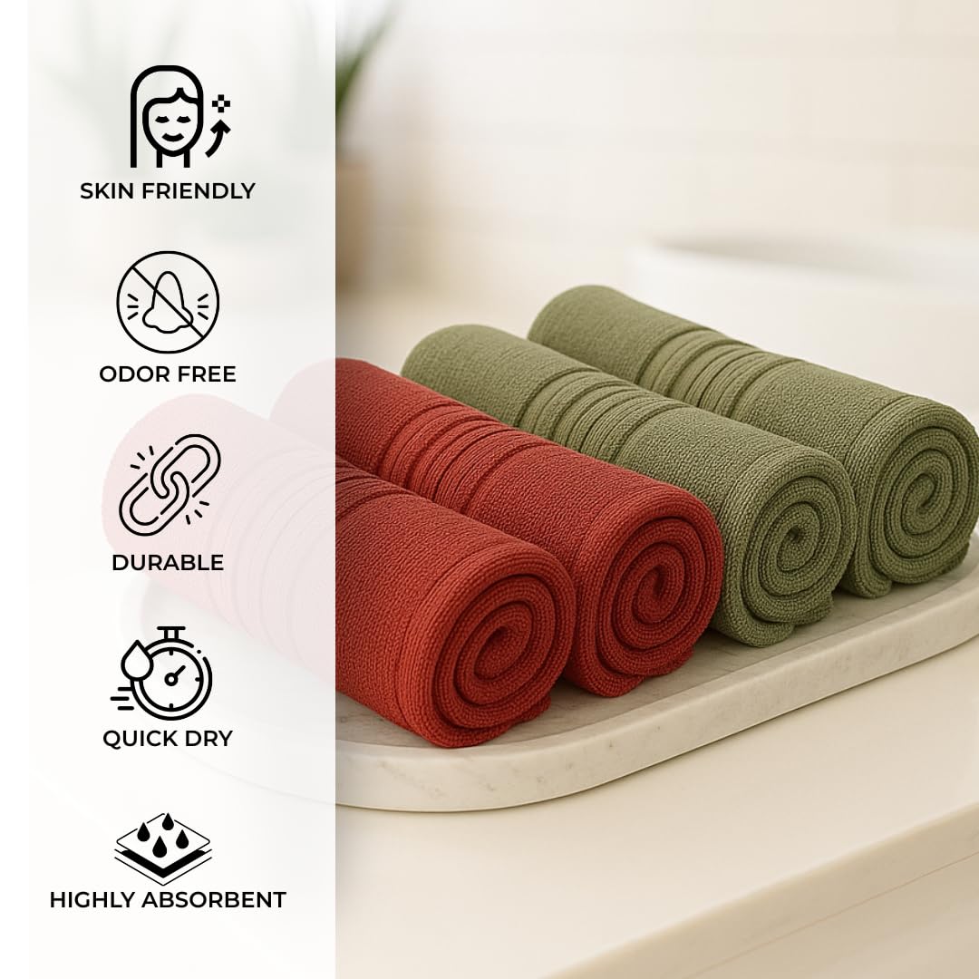Akiko Home 100% Cotton Essential Series Face Towel 600 Gsm | Soft Absorbent & Durable Washcloth For Men & Women, Compact Travel Towel -Pack Of 4 (Maroon & Green)