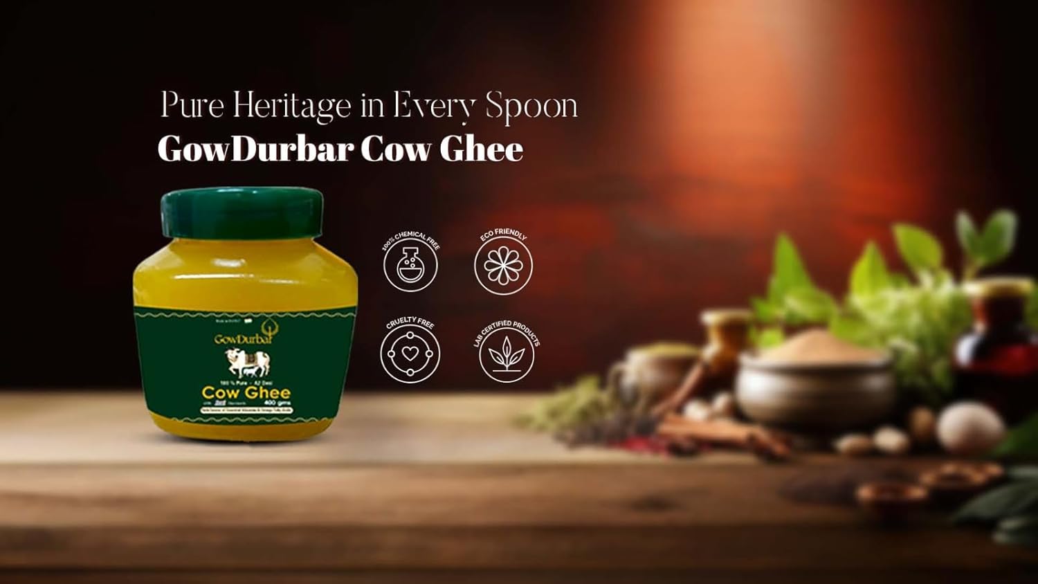 Pure Natural A2 Desi Cow Ghee By Gow Durbar | High In Vitamins A, D & Healthy Bilona Method Desi Cow Ghee Good For Strengthening Bones | (400ml) 13.5 Ounce | Jar Pack