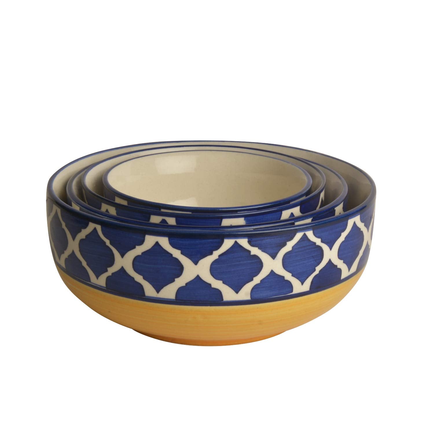 Studio Pottery Hand Painted Dinner Serving Bowl Set Of 4 - 1200ml, 650ml, 450ml & 250ml, Blue & Yellow | Dinner Serving Donga Set - Stackable Kitchen Bowl Set