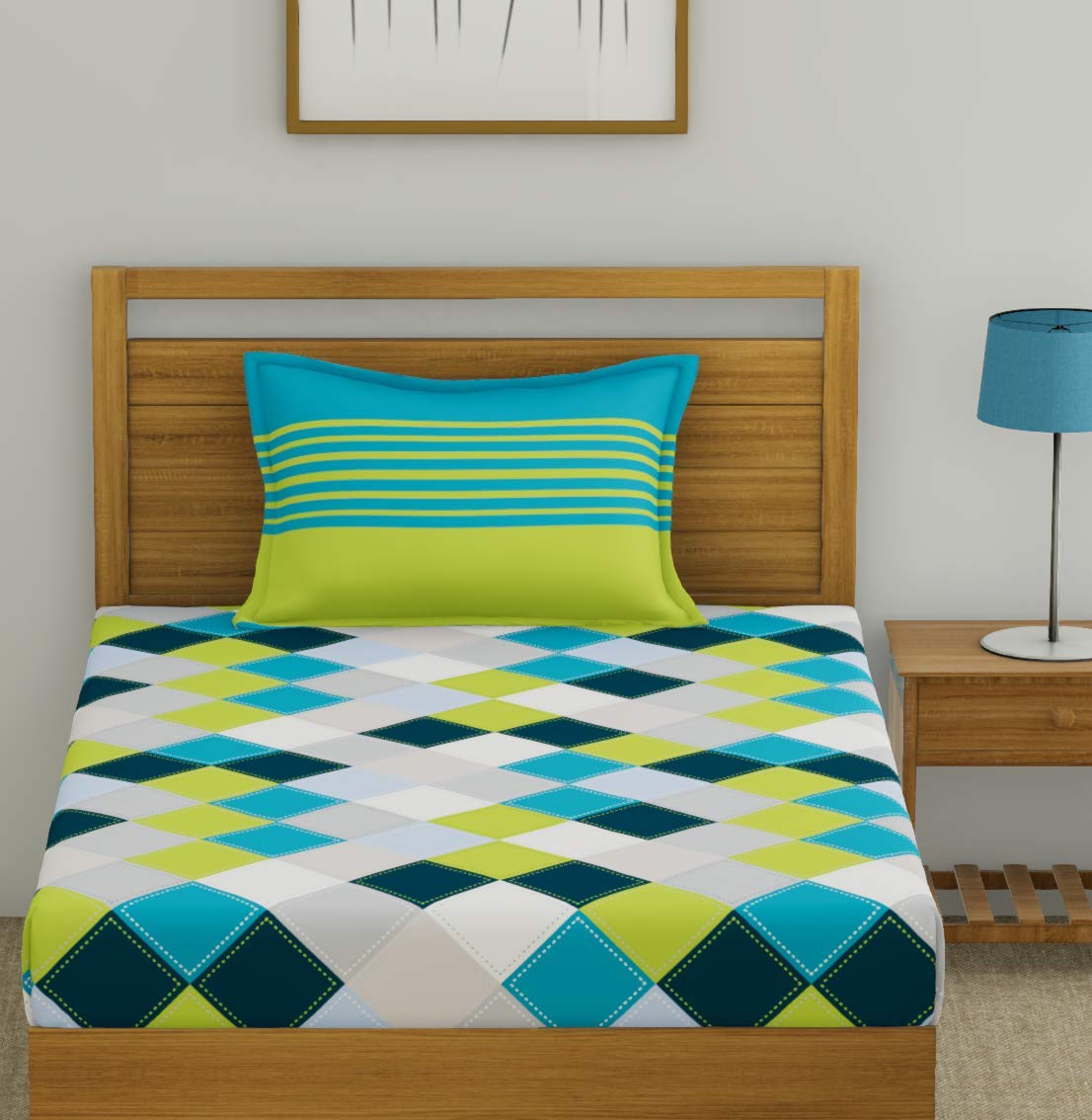 Single Bedsheet With 1 Pillow Cover - Green & Sky Blue | Color Fade Resistant Bedsheet | Ideal For Hotel, Guest House | 55 X 88 Inches, Bedsheet