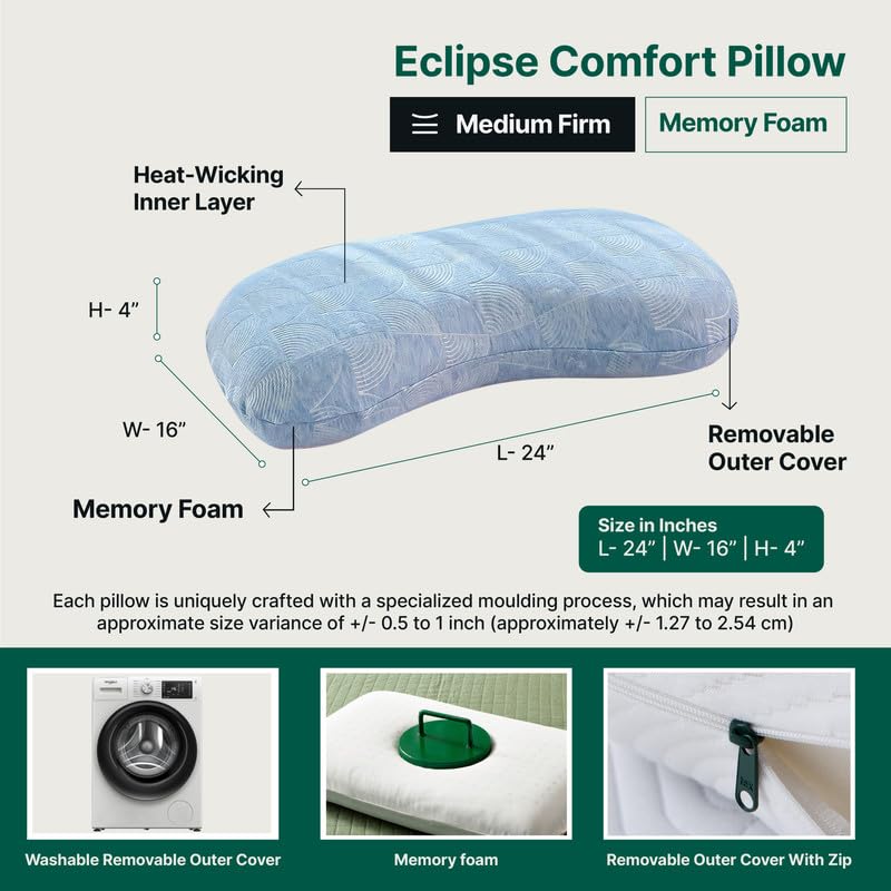 Memory Foam Orthopedic Pillow, Multi Position, Special Side Curve Bed Pillow - 24 L X 17 W X 4.5 H Inch | Pillow For Sleeping & Neck Pain Relief | Washable Zippered Cover, Adjustable Pillow