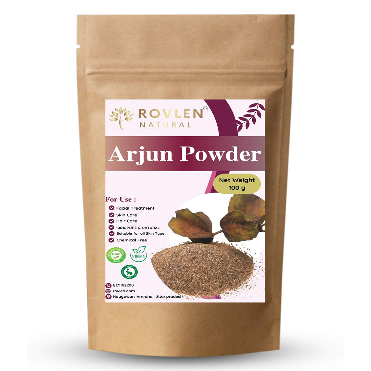 Rovlen Pure Arjun Ki Chaal Powder Triple Filtered Terminalia Arjuna Bark For Cardiovascular Support & Cholesterol Management | 100gm 0.2lbs