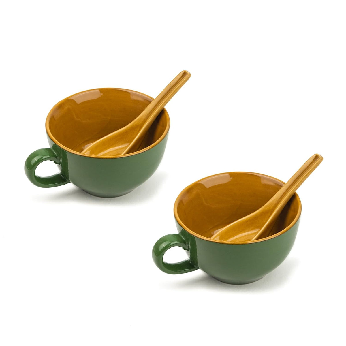 Ceramic Soup Bowl Set With Spoon Set Of 2 - Chrome Green, 350ml Each | Soup Mug - Soup Cup | 2 Soup Bowls + 2 Soup Spoons | Glossy Finish Ceramic Soup Bowls - Microwave Safe Soup Cup Set