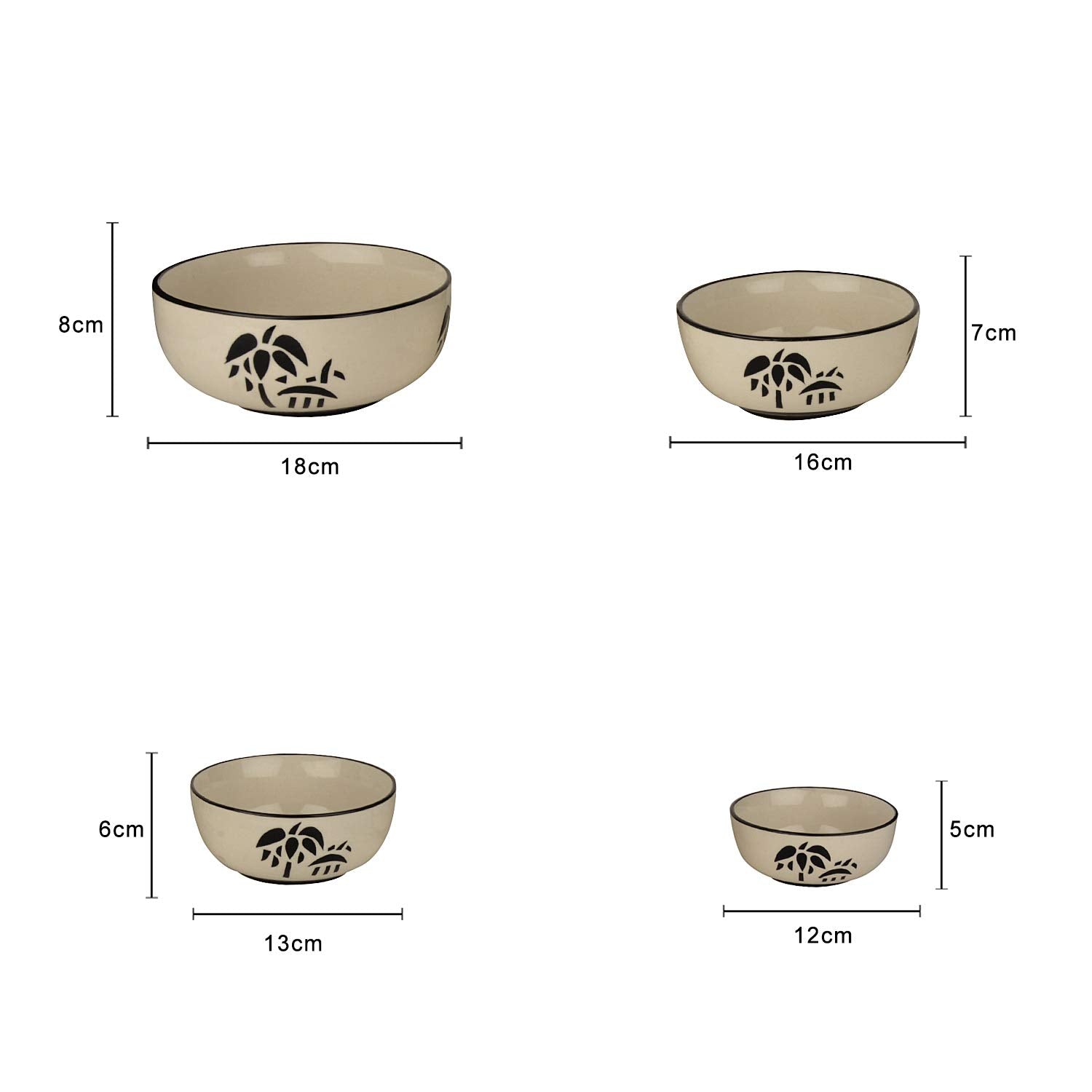 Studio Pottery Hand Painted Dinner Serving Bowl Set Of 4 - 1200ml, 650ml, 450ml & 250ml, Off White & Black | Dinner Serving Donga Set - Stackable Kitchen Bowl Set