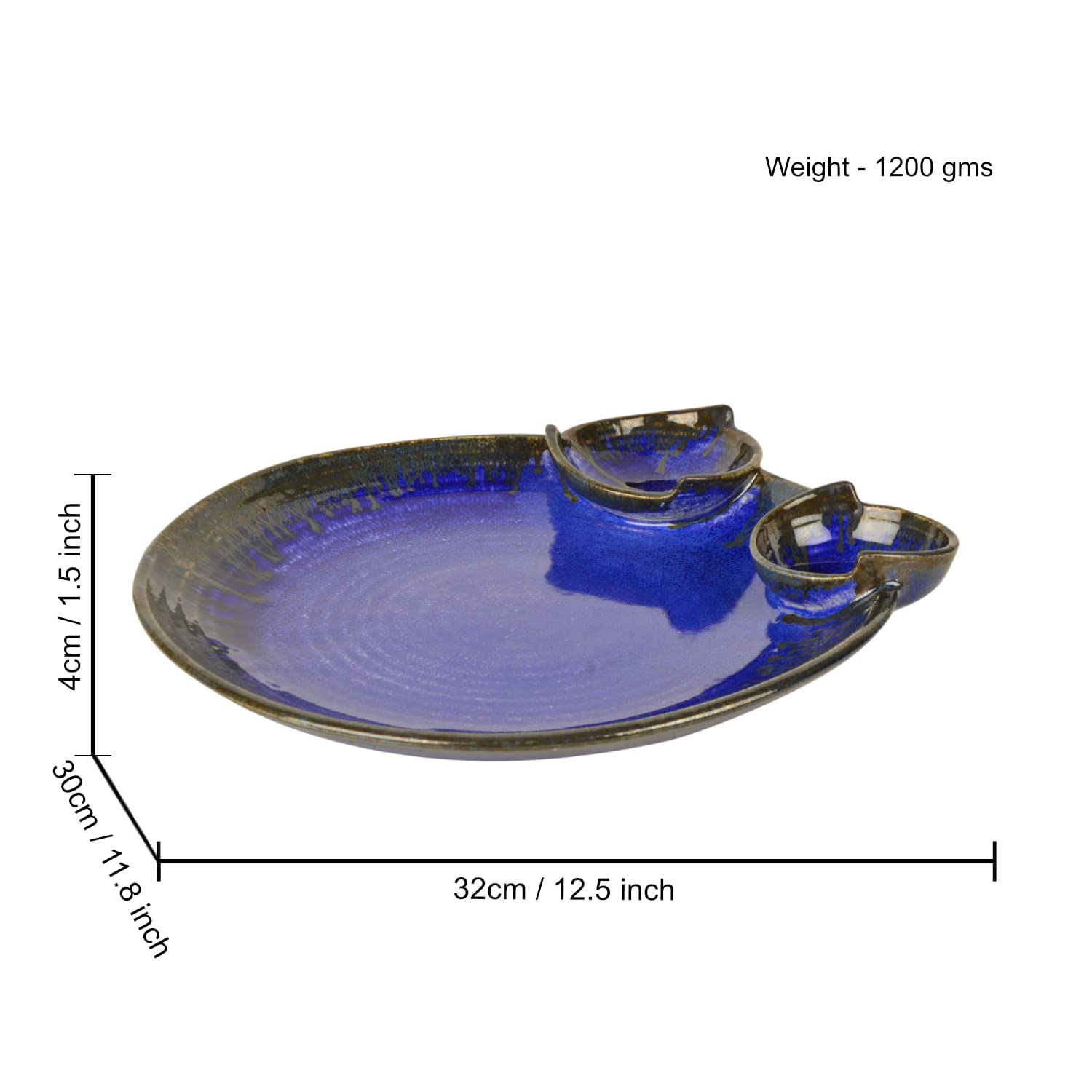 Ceramic Chip & Dip Platter With 2 Fixed Dip Bowls - Prussian Blue, 12 Inches, 1200 Gm | Starter Serving Tray - Luxurious Midnight Blue