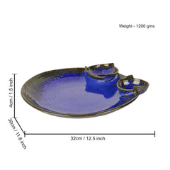 Ceramic Chip & Dip Platter With 2 Fixed Dip Bowls - Prussian Blue, 12 Inches, 1200 Gm | Starter Serving Tray - Luxurious Midnight Blue