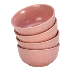 Ceramic Hand Glazed Stoneware Embossed Dinner Katori Set Of 4 - 180ml Each, Light Pink | Microwave Safe & Dishwasher Safe - Small Serving Bowl Set