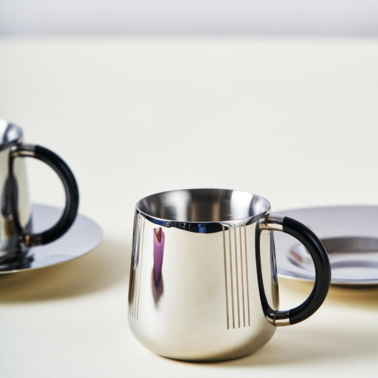 Designer Stainless Steel Fluted Cup & Saucer Set Of 2, Black & Chrome - Small, Deco Series | Double Walled Cup - Unbreakable Cups For Tea Coffee Mugs With Saucer | Serve Ware, Dinnerware & Tableware