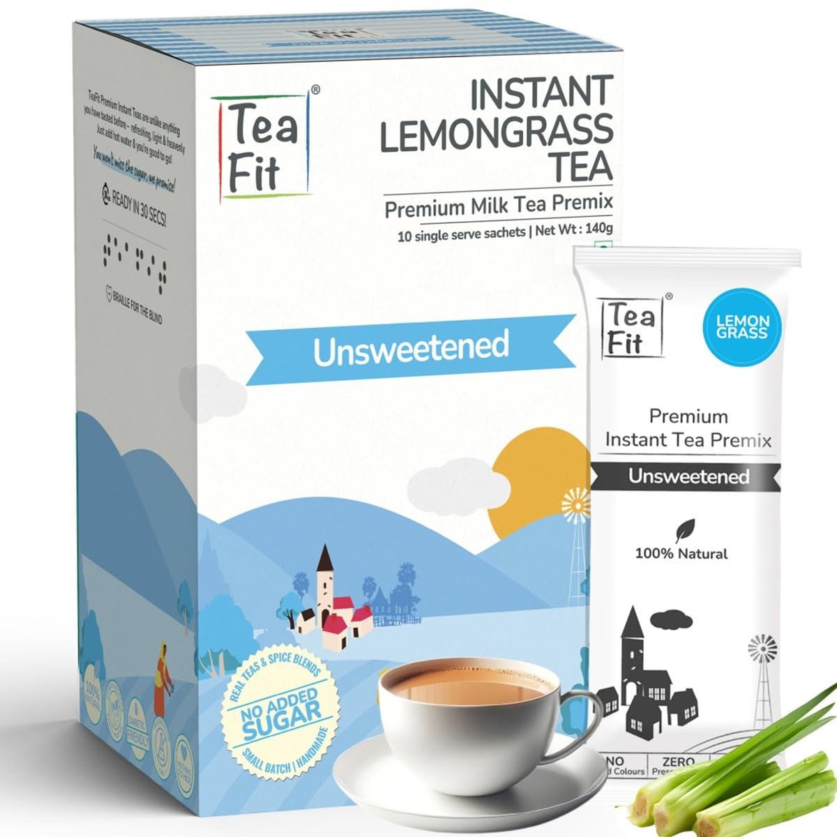 Teafit Unsweetened Instant Lemongrass Tea Premix - Pack Of 20 Sachets, 280gm, 9.8 Ounce | Premium Milk Tea Premix, Just Add Water - Strong Home Like Chai Tea | Low Caffeine