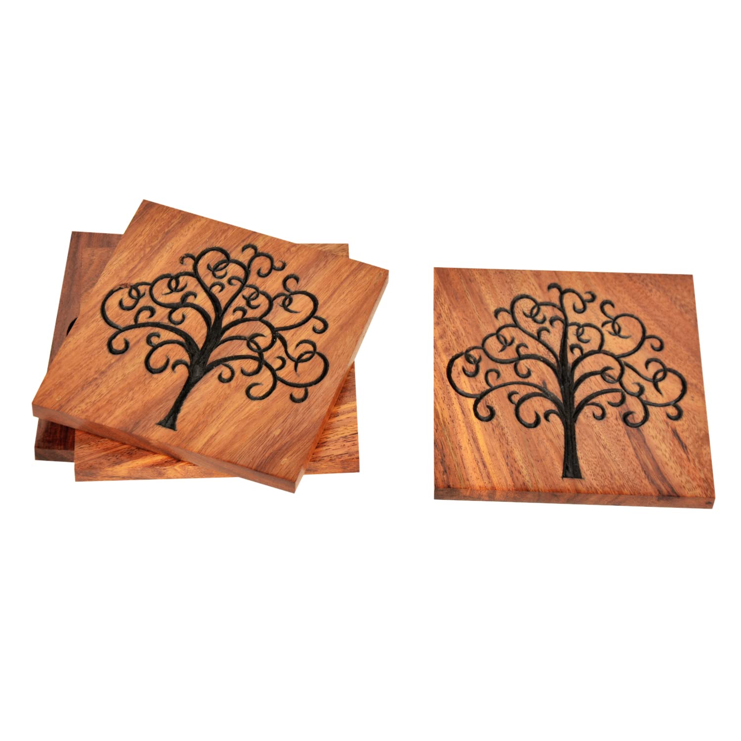 Premium Hand Engraved Sheesham Wooden Coasters Set Of 4 - Brown, L X B X H - 10 Cm X 10 Cm X 1 Cm | Table Coasters