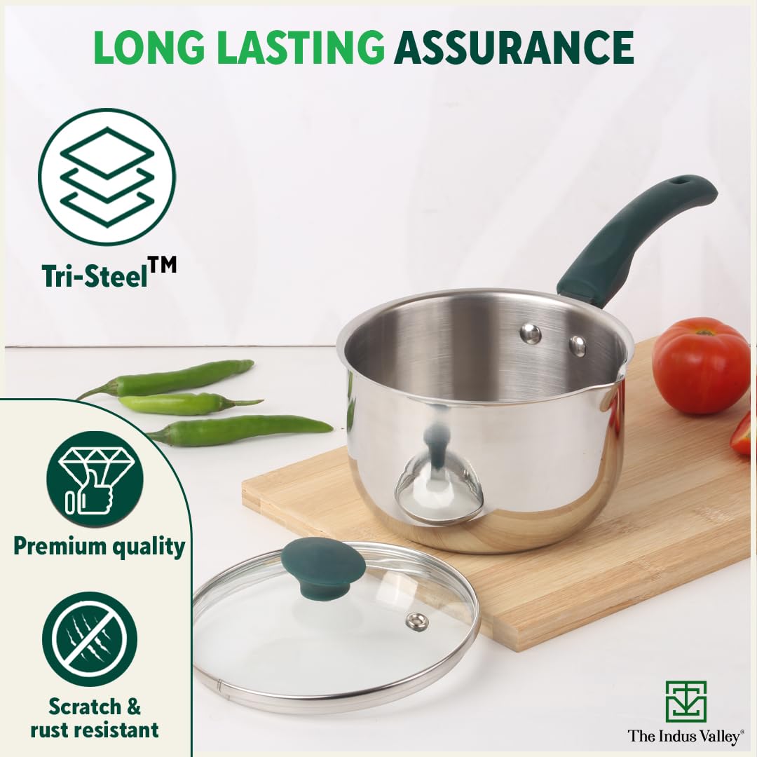 Stainless Steel Sauce Pan Or Milk Pan With Glass Lid - Very Small, 15.1cm, 5.9 Inch, 1 Liter, 0.8 Kg | Induction Friendly, 3-Layer Bottom, 100% Toxin-Free, Naturally Non-Stick, Long Lasting