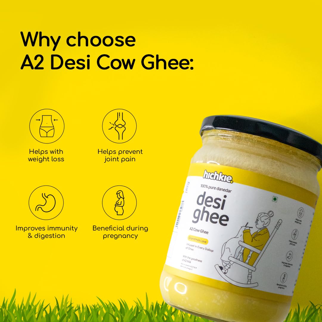 Pure Natural A2 Cow Desi Ghee By Hichkie | Rich In Vitamin A & Healthy Nutrients Desi Ghee Perfect For Overall Health | (500ml) 16.9 Ounce | Jar Pack