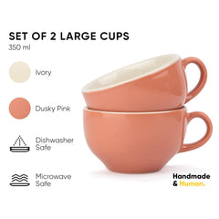 Large Ceramic Coffee Cup Set Of 2 - Pink, 350ml Each | Cappuccino Cup With Glossy Finish - Large Ceramic Coffee Cup | Premium Stoneware Coffee Cup - Microwave Safe, XL Cuppa