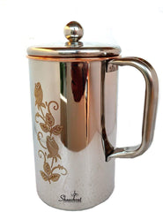 Pure Copper Jug Water Pitcher Flower Print Outside Stainless Steel Utensils - Inside Copper For Ayurveda Healing Capacity 1.5 Liters Approx. (Print May Very)