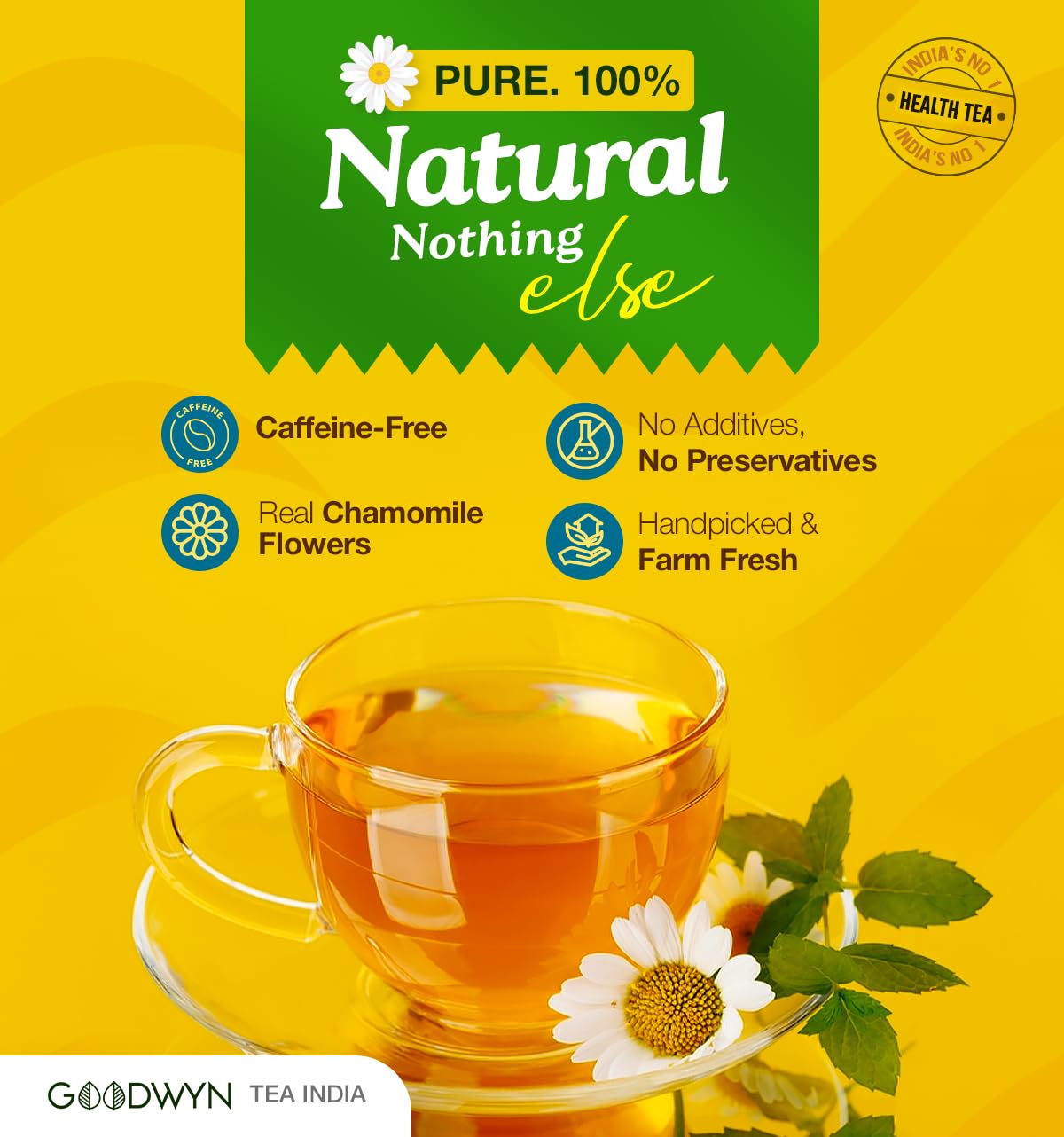 Goodwyn Calming Chamomile Herbal Tea - 20 Enveloped Tea Bags | Boosts Immunity, Relieves Stress - Handpicked & Farm Fresh Herbal Tea | Caffeine Free, No Preservatives