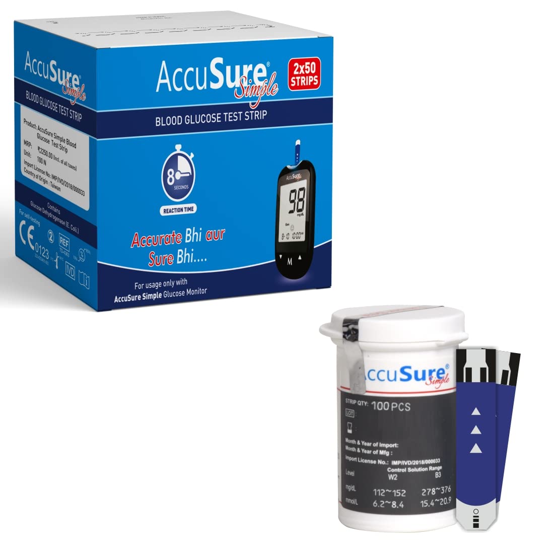 AccuSure Simple Blood Glucose Test 100 Strips, 2 X 50 Test Strip (Multicolor)