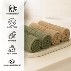 Akiko Home 100% Cotton Essential Series Face Towel 600 Gsm | Soft Absorbent & Durable Washcloth For Men & Women, Compact Travel Towel -Pack Of 4 (Green & Beige)