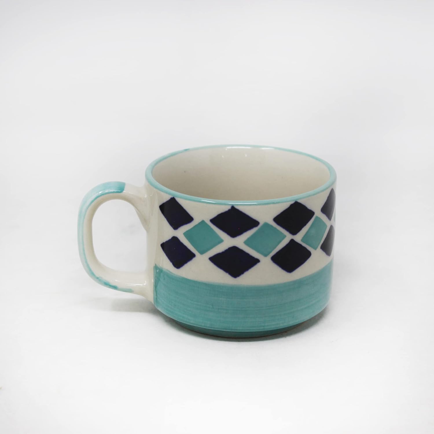 Hand Painted Turquoise Checkered Tea Set With Kettle | Ceramic Tea Kettle Set With 4 Cups, 150ml Each + 1 Kettle, 700ml + 1 Tray | 6 Pieces - Microwave Safe & Dishwasher Safe