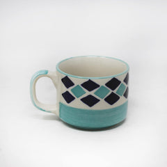 Hand Painted Turquoise Checkered Tea Set With Kettle | Ceramic Tea Kettle Set With 4 Cups, 150ml Each + 1 Kettle, 700ml + 1 Tray | 6 Pieces - Microwave Safe & Dishwasher Safe