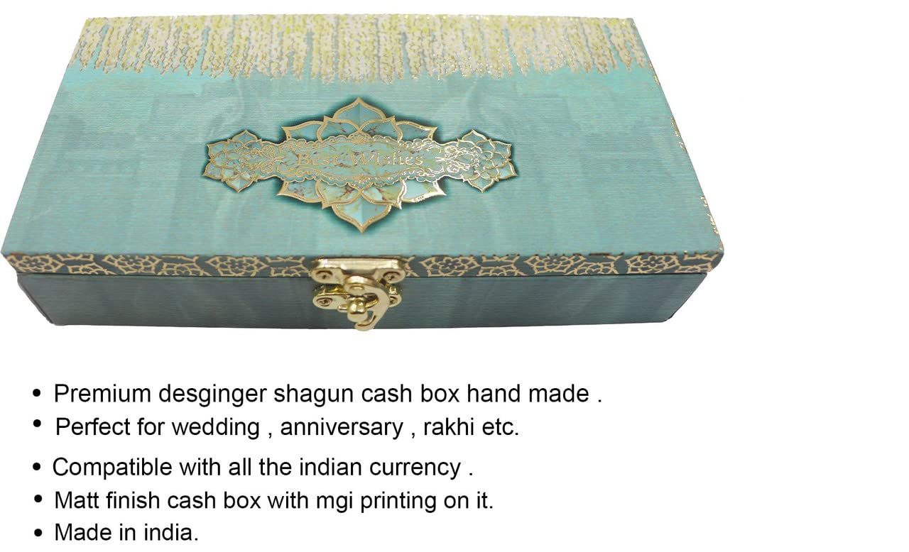 Designer Wodden Fancy Shagun Gift Boxes For Wedding, Shagun Cash Box Or Money Box With Mgi Printing For Wedding, Engagement, Holi, Diwali, Baby Showers, Colour - Sea Green, Pack Of 2