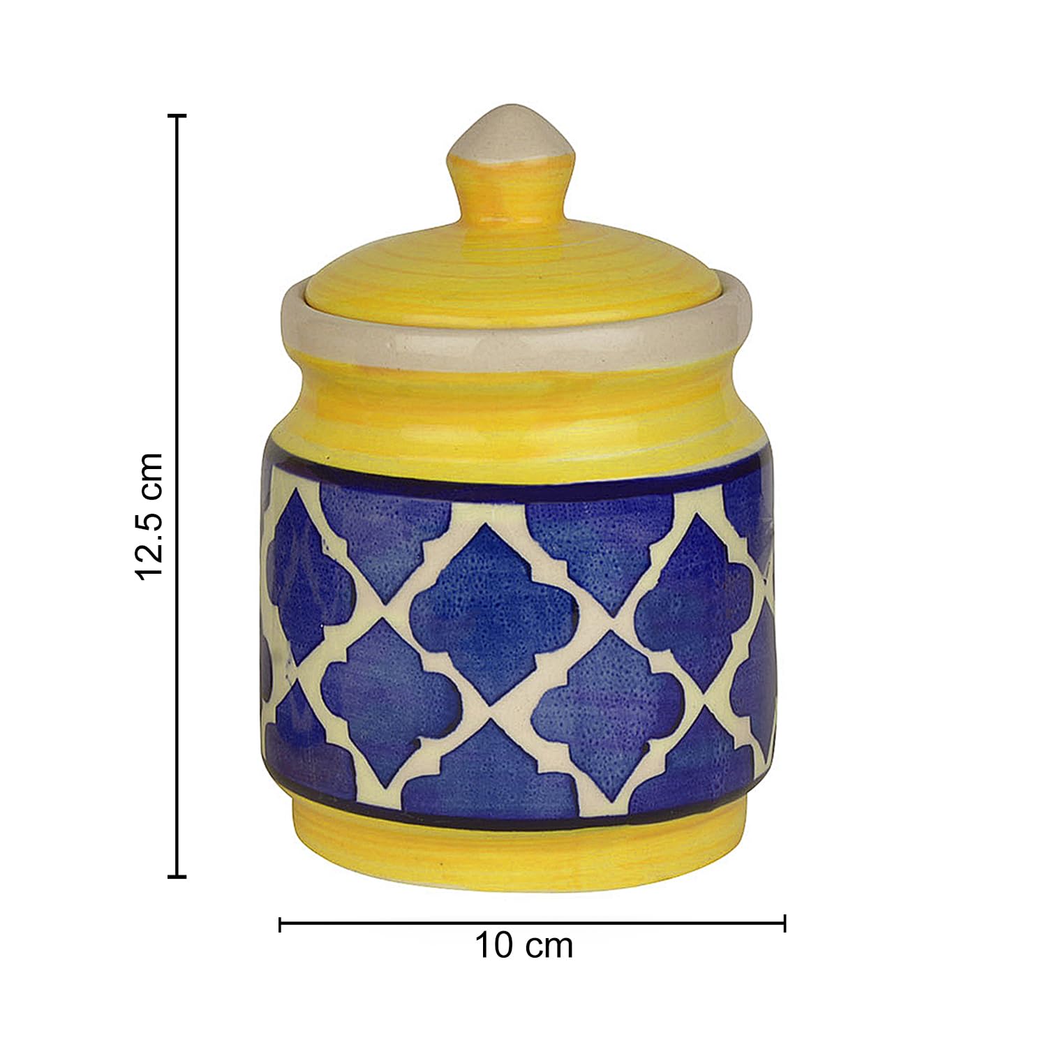 Hand Painted Ceramic Jar Set With Lid Set Of 2 - 500ml Each, Blue & Yellow | Ceramic Multi-Utility Storage Jar - Pickle Storage Jar With Lid, Burni