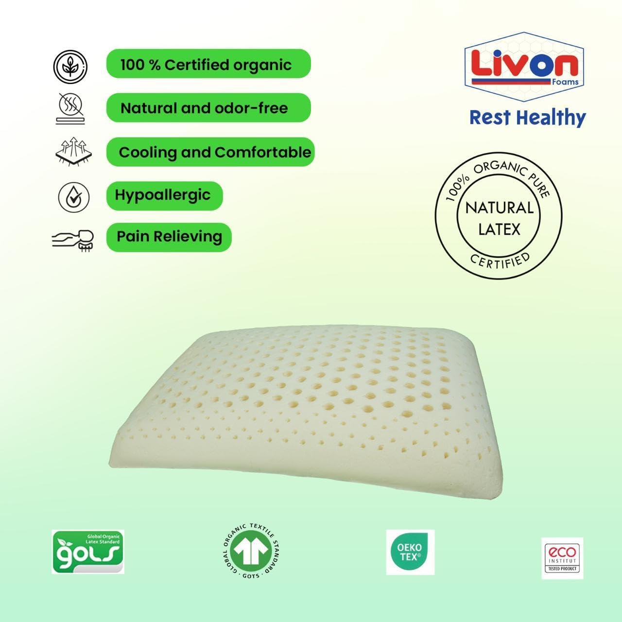 Latex Contour Pillow, Organic Pure Natural Pillow, White, Standard Size - 60 X 40 X 10 Cm | 65 Density, Breathable, Hypoallergenic, Neck Support, Cooling, Comforts, Latex Contour Pillow