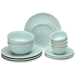 Handcrafted Ceramic Stoneware Dinner Set Of 14 Pieces With Serving Bowl Set - Mint Green | 4 Dinner Plates + 4 Small Plates + 4 Dinner Bowl, 180ml Each+ 2 Serving Bowl, 1000ml Each - Microwave Safe