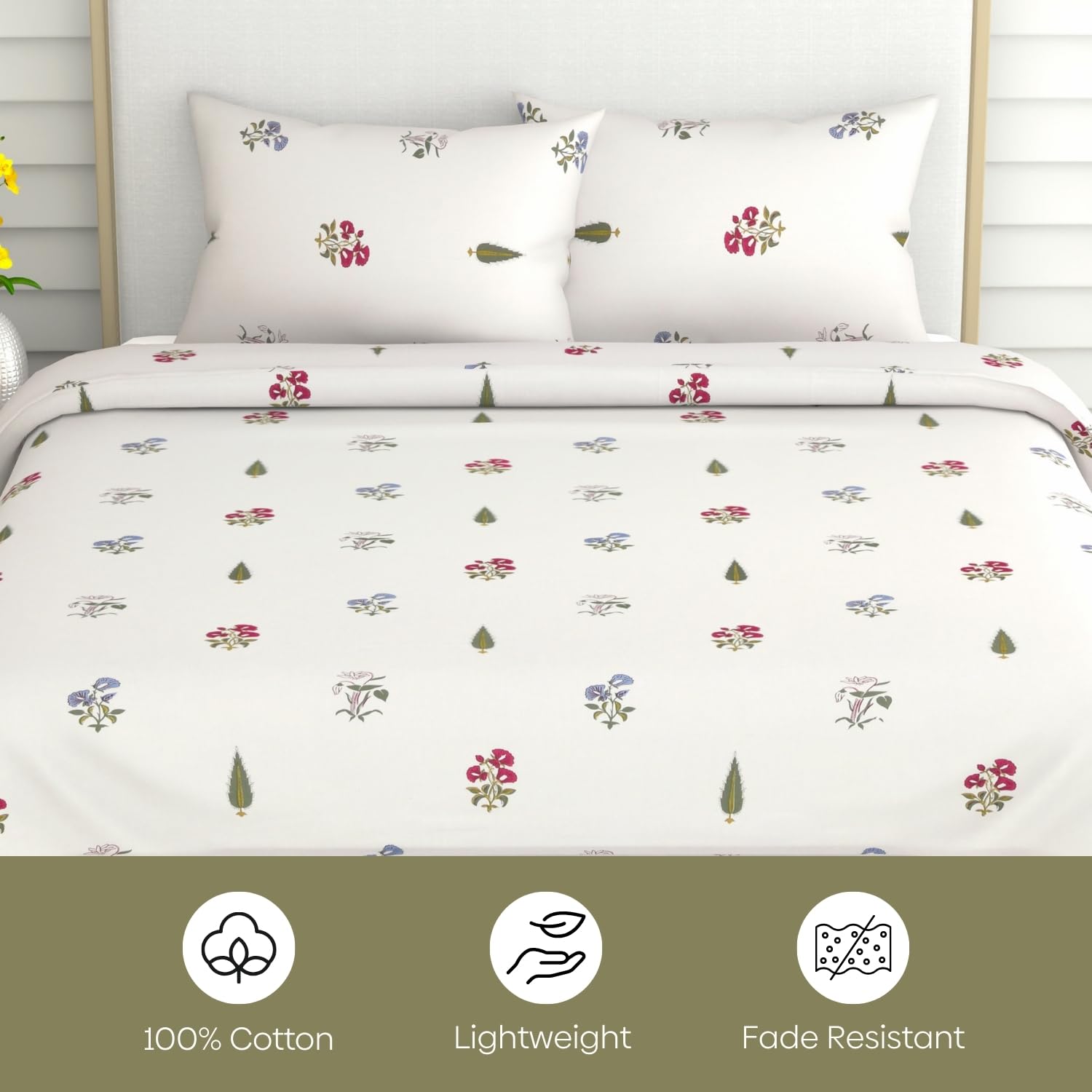 Flat Bedsheet Queen Size Bed With 2 Pillow Covers - 100 X 90 Inches, White & Green | Soft, Breathable & Durable | Skin-Friendly & Durable
