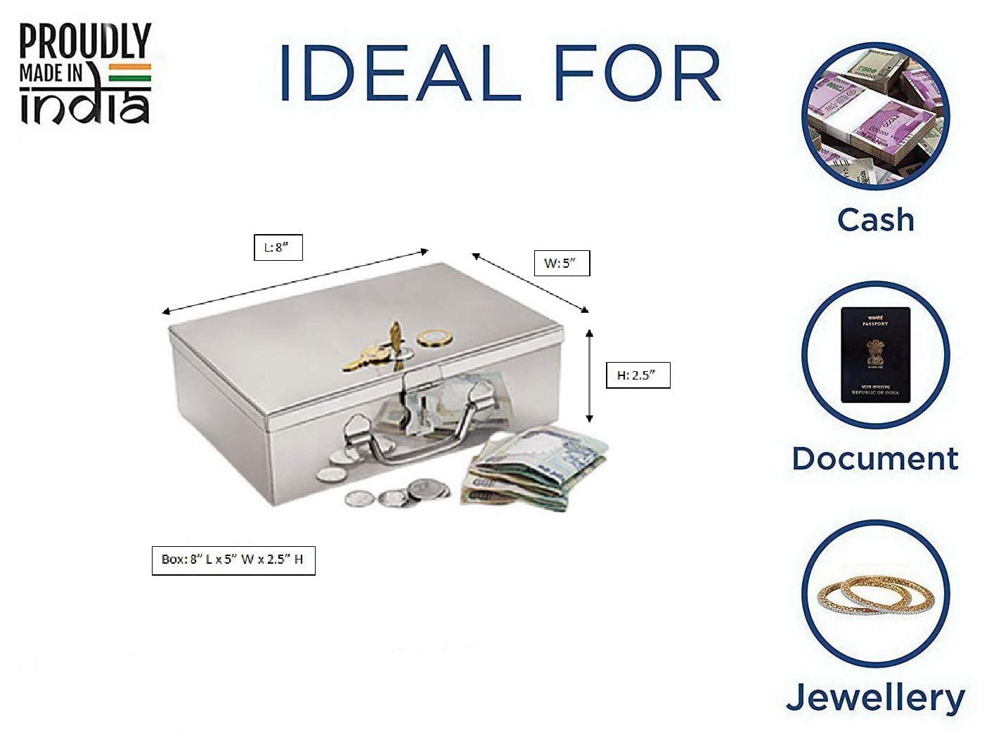 Stainless Steel Cash, Jewellery, Coin Box Silver Rectangular Storage Box With Pre - Fitted Lock 8 Inch, Special Feature - Portable Coin Box