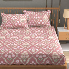 Cotton Elastic Fitted Printed Queen Size Double Bed Bedsheet With 2 Pillow Cover | 60 X 78 Inches, Pink - Soft Touch, Wrinkle Resistant, Skin Friendly