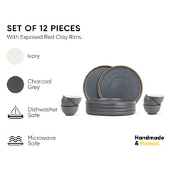 Ceramic Japandi Dinner Set - 12 Pcs, Grey & White | Crockery Set - Ceramic Dinner Set With Matte Finish | Dinner Set Ceramic | 6 Dinner Plates + 6 Veg Small Bowls, 220ml Each