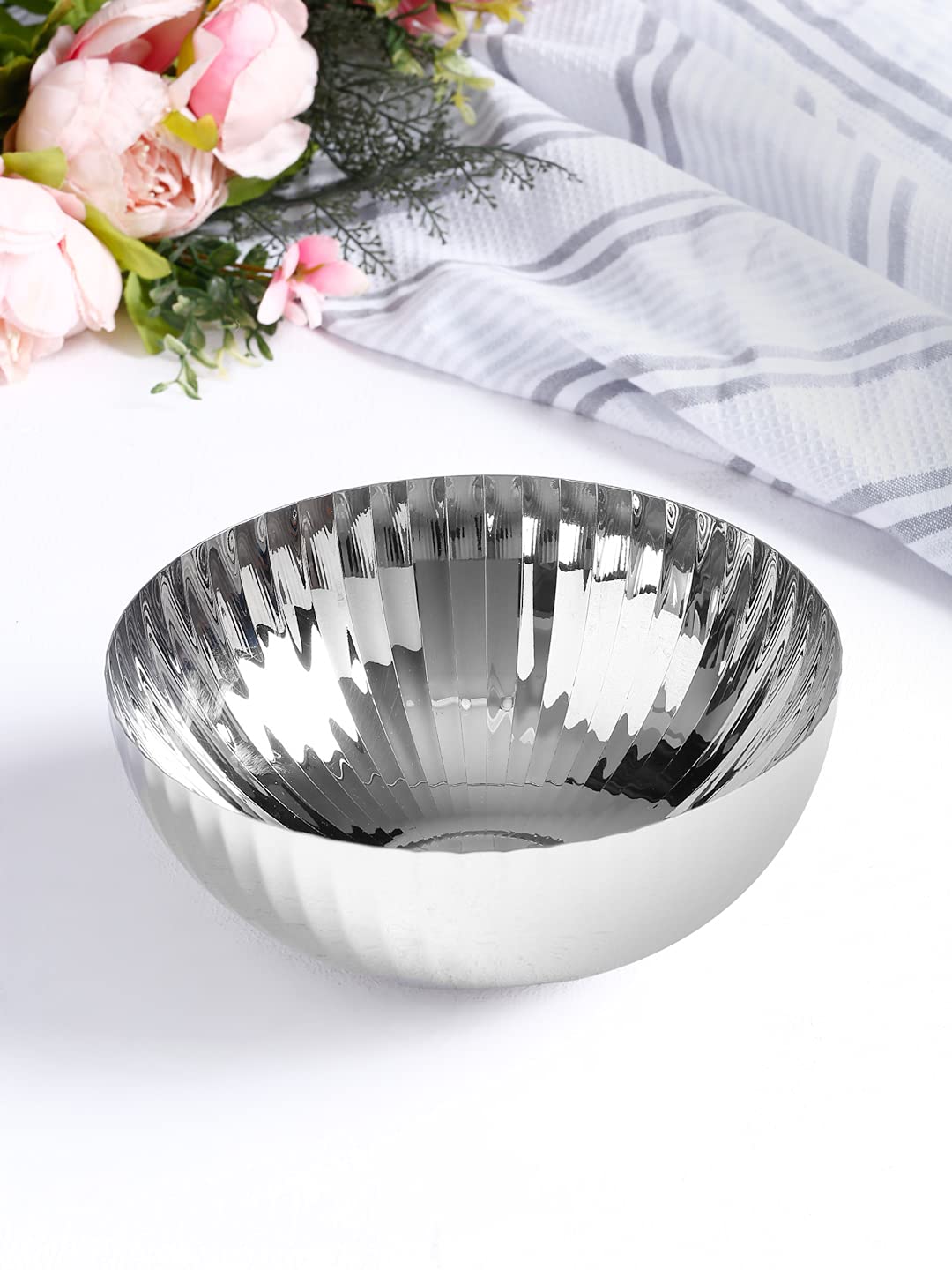 Stainless Steel Serving Bowl - Rhythm Garden Series | Ribbed Pattern Serving Dish- Large Dining Table Bowl | Noodles Serving Bowl - Dishwasher Safe, Easy To Clean | Serve Ware, Dinnerware & Tableware