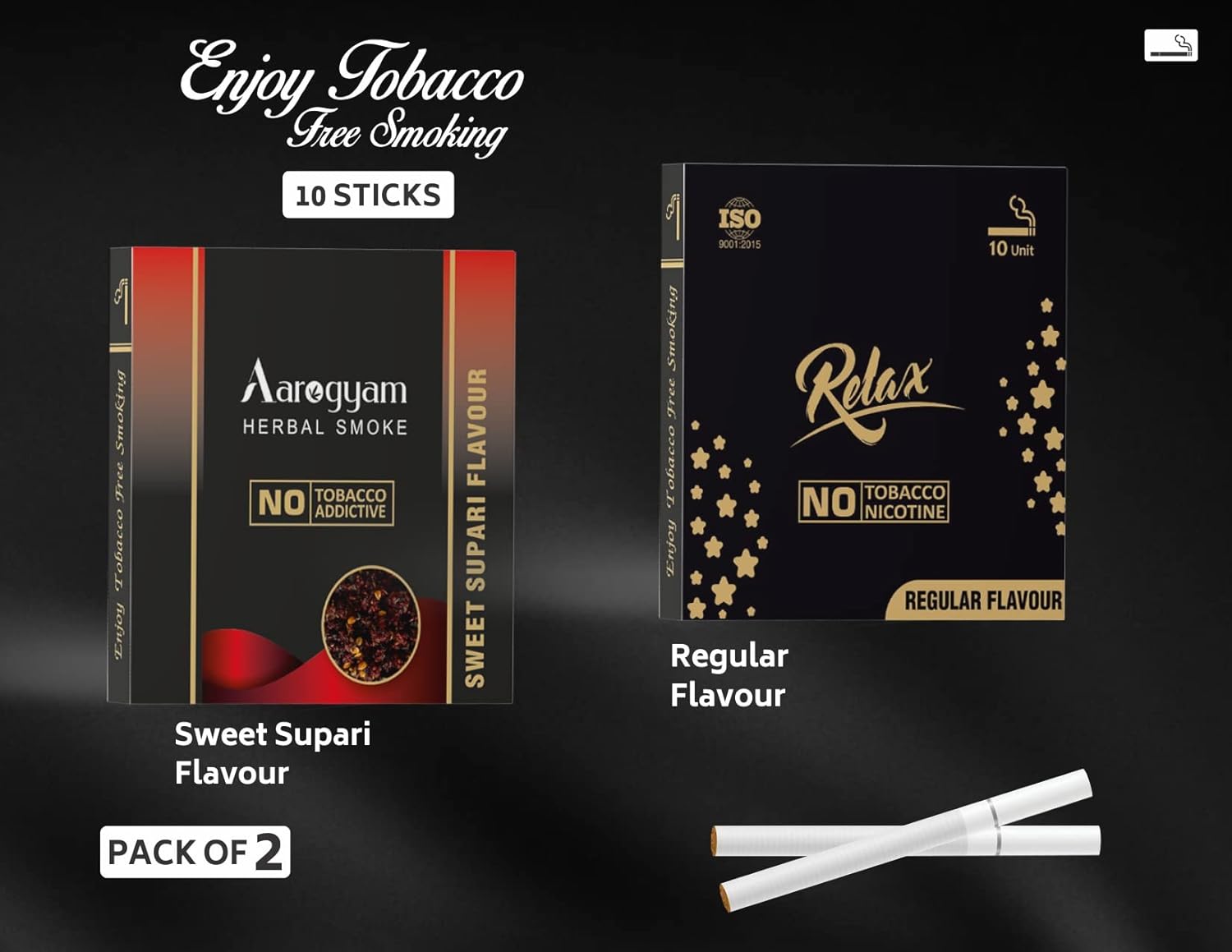 Aarogyam Herbals Pack Of 2 Flavours 100% Tobacco & Nicotine Free Cigarette For Relieve Stress & Mood Enhance Product Relax Regular, Sweet Supari - 10 Sticks X 2 Packets