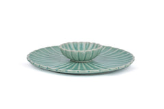 Large Flower Ceramic Serving Platter With Dip, 75ml - Light Mint | Serving Plate With Glossy Finish - Platters Serving Set | Snacks Serving Plates - Ceramic Flower Platter + Dip