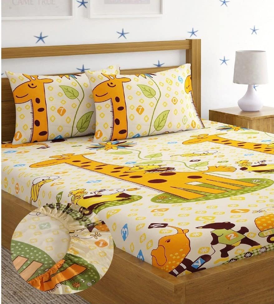 Microfiber Kids Cartoon Elastic Fitted Double Bedsheet With 2 Pillow Covers | 78 X 72 Inches, Yellow | Normal Hand Wash Or Machine Wash