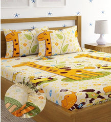 Microfiber Kids Cartoon Elastic Fitted Double Bedsheet With 2 Pillow Covers | 78 X 72 Inches, Yellow | Normal Hand Wash Or Machine Wash