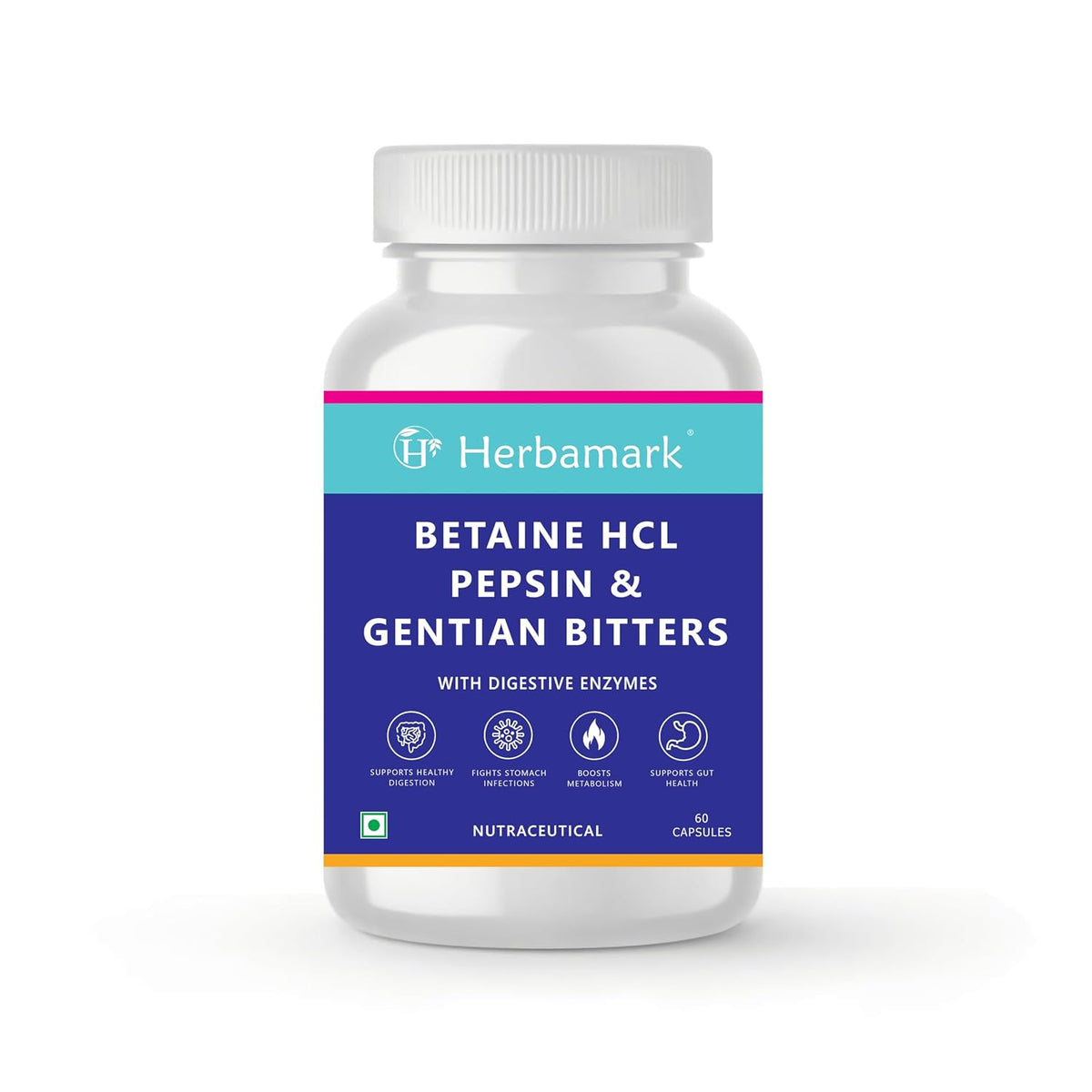 Herbamark Betaine Hcl, Pepsin & Gentian Bitters With Digestive Enzymes, Supports Healthy Gut, Digestion, Gas & Acidity Problems And Boosts Metabolism | 60 Veg Capsules, 100gm 0.2lbs