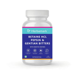 Herbamark Betaine Hcl, Pepsin & Gentian Bitters With Digestive Enzymes, Supports Healthy Gut, Digestion, Gas & Acidity Problems And Boosts Metabolism | 60 Veg Capsules, 100gm 0.2lbs