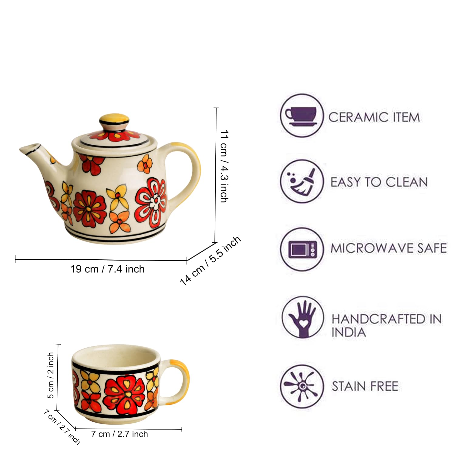Hand Painted Ceramic Tea Set - 1 Kettle + 4 Cups, Multicolor | Coffee Mugs With Kettle - Tea Cups With Kettle