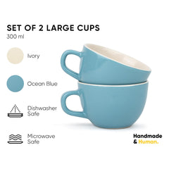 Large Ceramic Coffee Cup Set Of 2 - Blue, 300ml Each | Cappuccino Cup With Glossy Finish - Large Ceramic Coffee Cup | Premium Stoneware Coffee Cup - Microwave Safe
