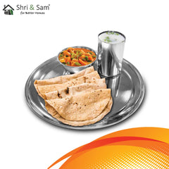 Stainless Steel Shagun Solid Dinner Set Of 3 Pcs, Silver | 1 Dinner Plate+ 1 Bowl+ 1 Glass - Dishwasher Safe