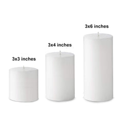PILLAR WAX CANDLES WHITE 90 HOUR | 3 X 3 INCH, 3 X 4 INCH, 3 X 6 INCH | SET OF 3