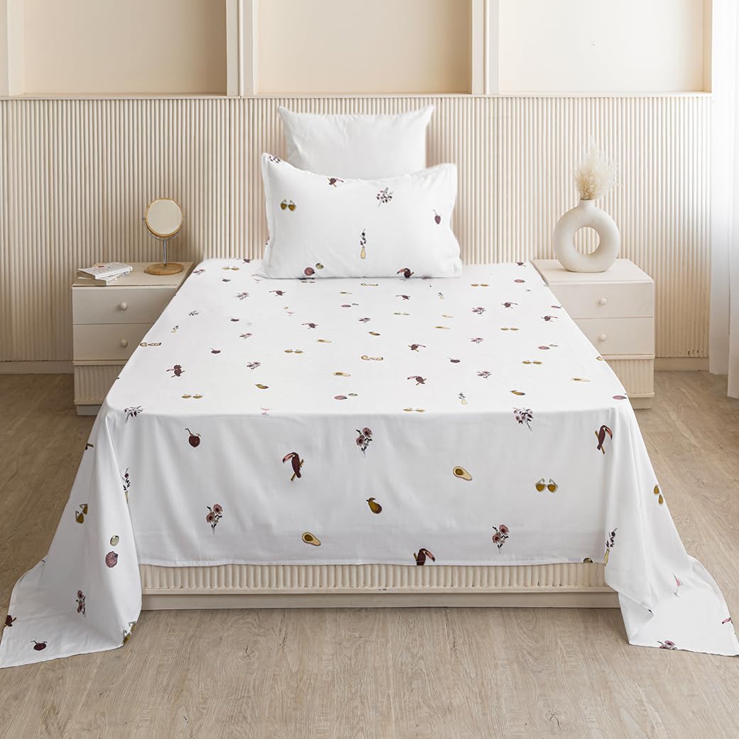 Luxurious Cartoon Printed Flat Bedsheets With 1 Pillow Cover - 60 X 90 Inches, White | Breathable & Wrinkle Free | Soft & Durable