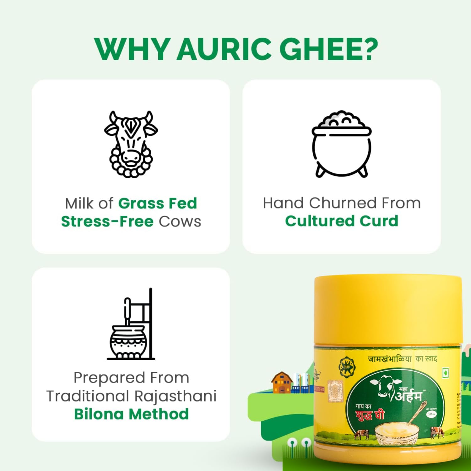 100% Pure Cow Shudh Ghee By Maha Arham | Rich In Taste & Nutrients Homemade Pure Cow Ghee For Strong Body | 1.5 Litre (500ml * 3) 50.7 Ounce | Jar Pack