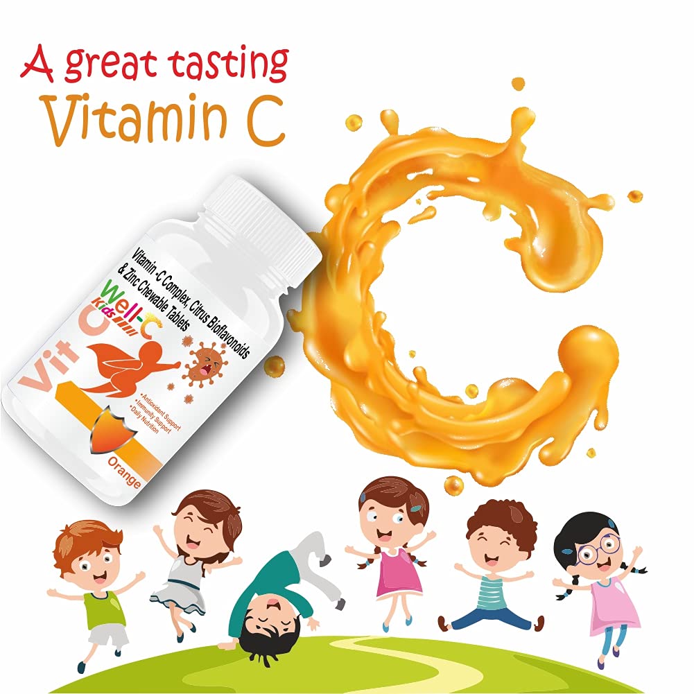 Well- C Vitamin C Tablets Immunity Booster For Kids And Zinc Supplements For Growth Strength Strong Bones Sugar Free | Orange Flavor, 60 Chewable Tablets , 100gm 0.2lbs