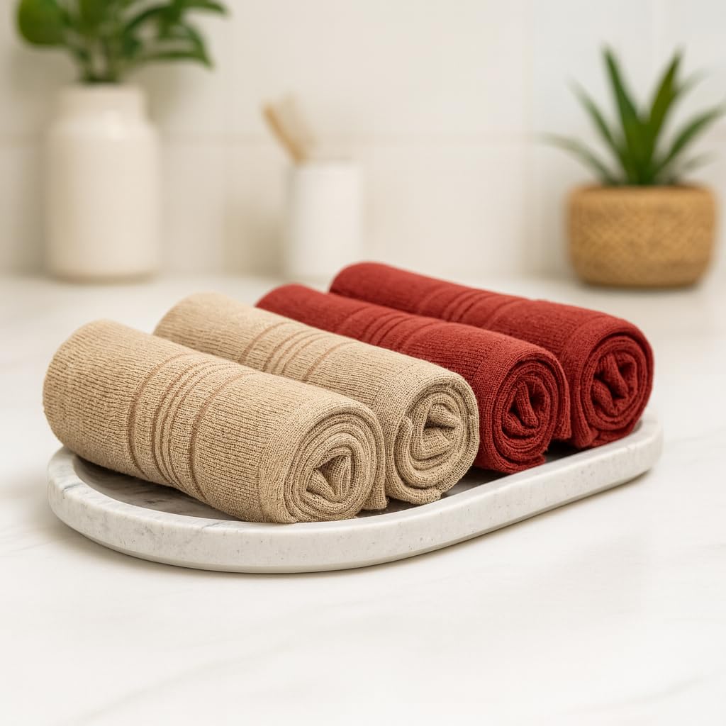 Akiko Home 100% Cotton Essential Series Face Towel 600 Gsm | Soft Absorbent & Durable Washcloth For Men & Women, Compact Travel Towel -Pack Of 4 (Beige & Maroon)