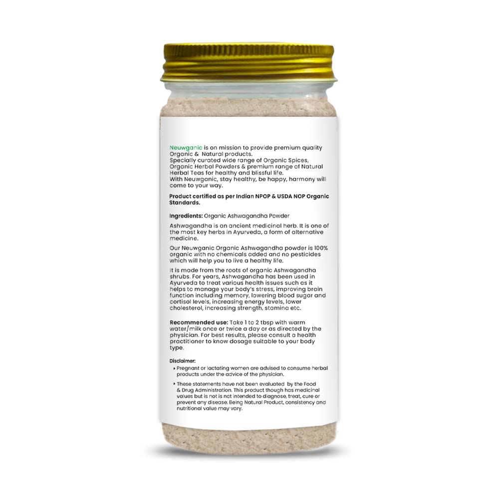 Neuwganic Organic Ashwagandha Powder (Root) India Organic & Usda Organic Certified, Ashwagandha Churna - Important For Vitality & Strength | 500gm 1.1lbs
