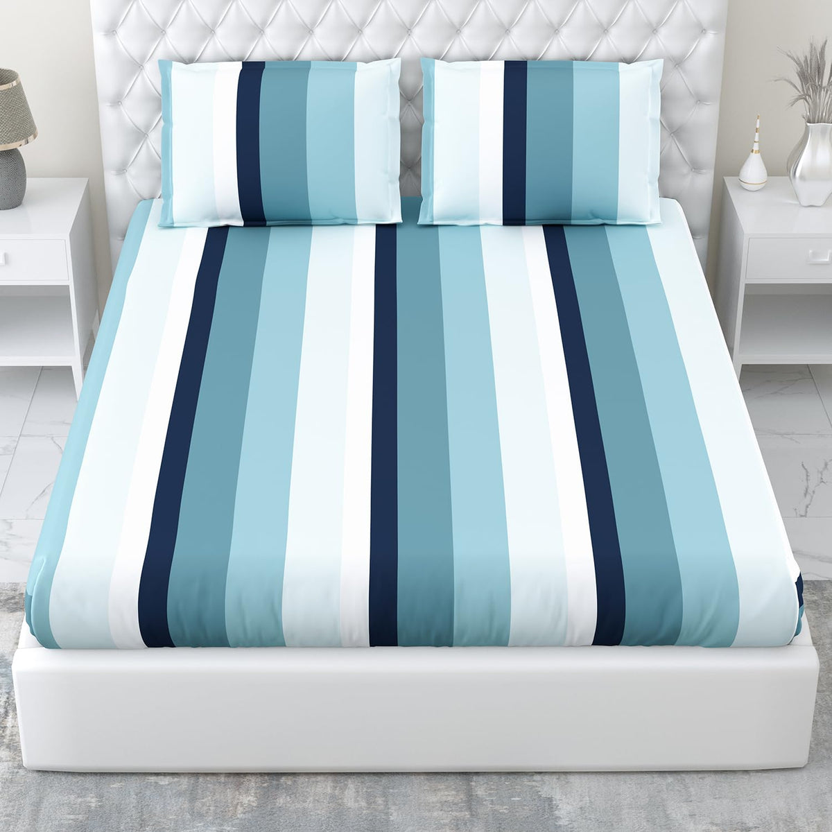 King Size Bed For Elastic Fitted Bedsheet With 2 Pillow Covers | 72 X 78 X 10 Inches, Blue White | Softness, Durability & Comfort | Perfect For Everyday Use