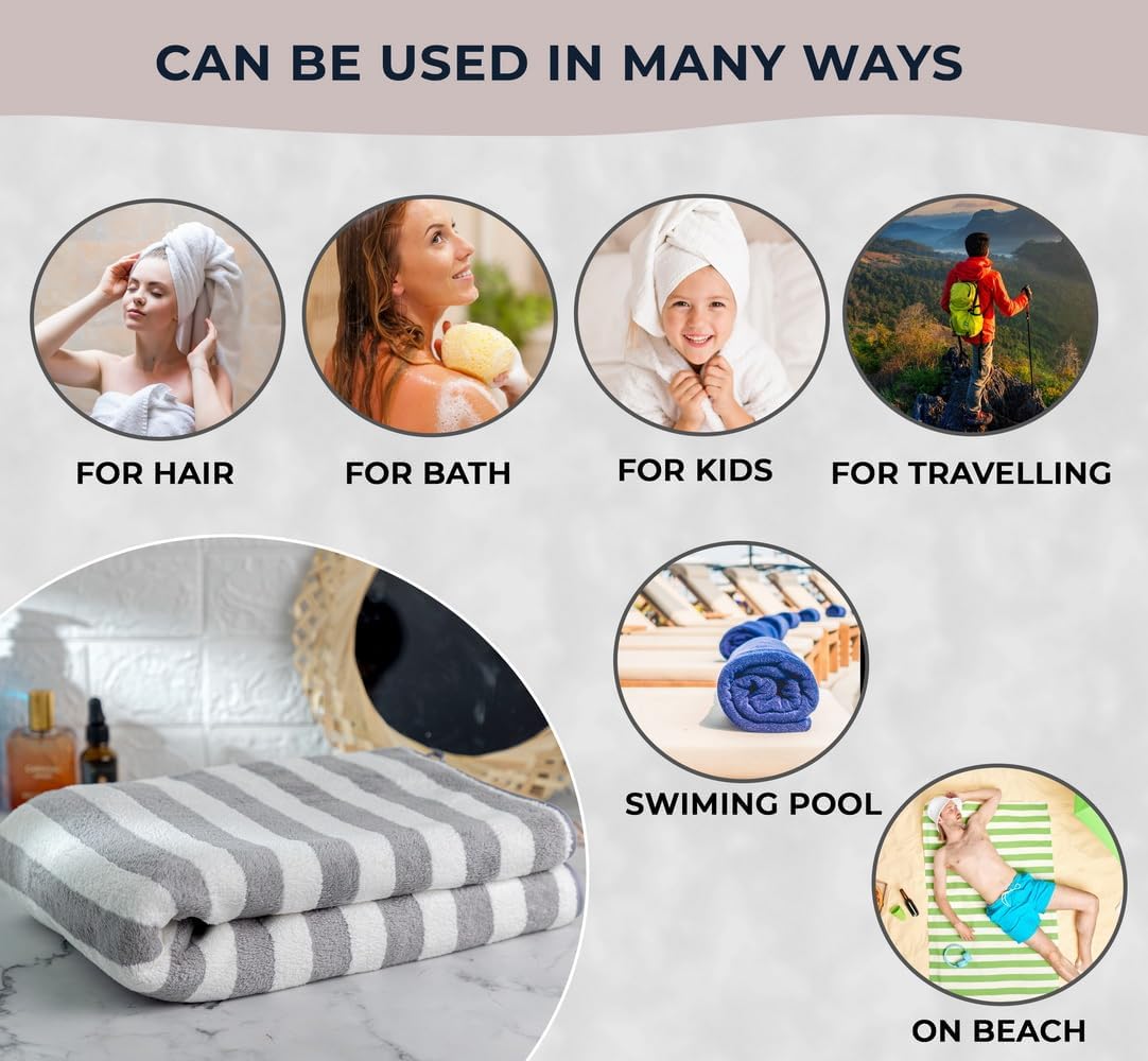 Mjn Microfiber Bath Towels Strip 310 Gsm | Extra Soft Plush & Quick Dry High Absorbency Large Size Towels For Bathing (Grey Line)