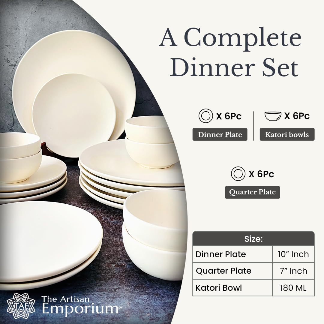 Subhra Handcrafted Ceramic Dinner Set - 18 Pieces | 6 Dinner Plates + 6 Katori Bowls, 180ml Each+ 6 Quarter Plates | Matte Finish White Dinnerware Set | Serving For 6, Microwave Safe